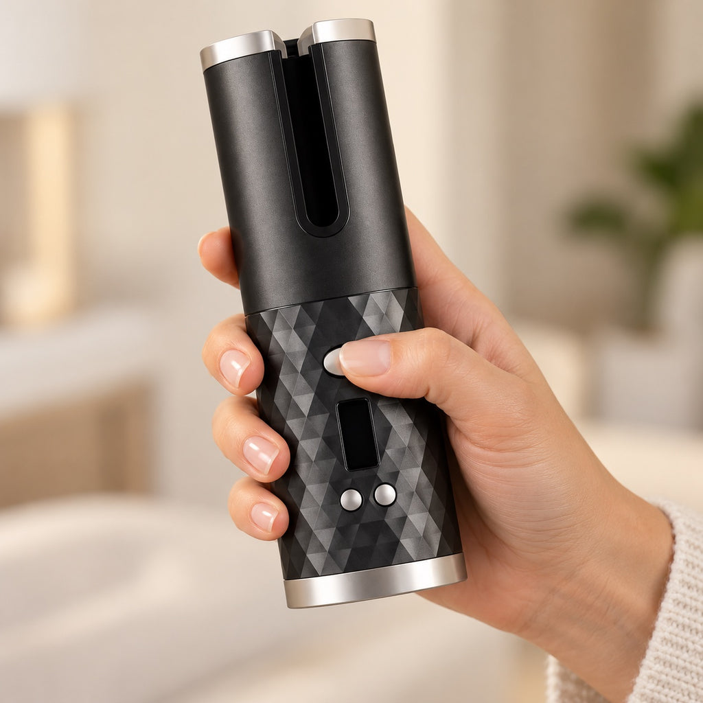 Tavrely curler held in one hand, showing its size