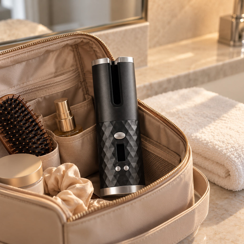 Cordless Tavrely curler packed in a travel toiletry bag