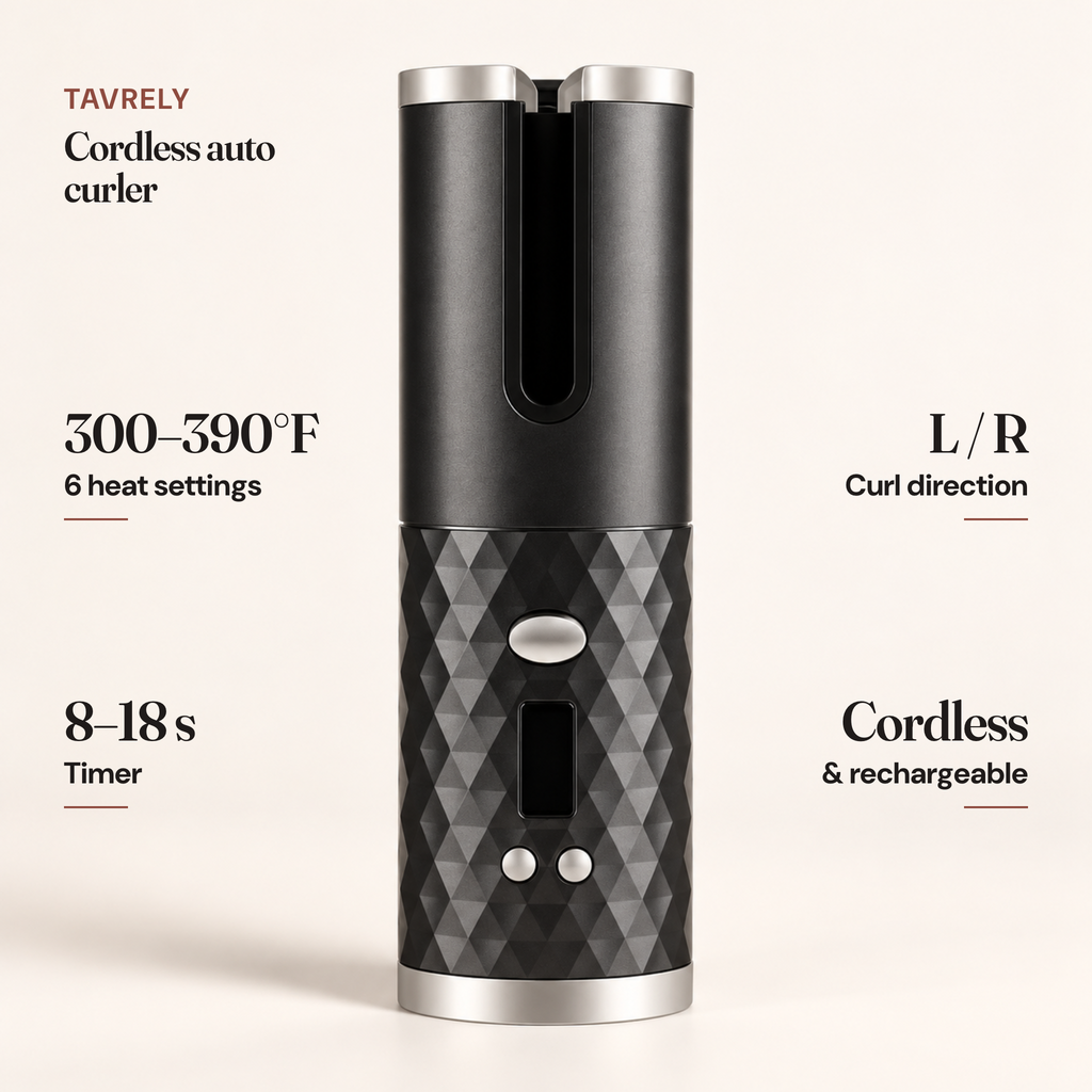 Tavrely curler specs: 6 heat settings 300–390°F, 8–18 s timer, L/R curl direction, cordless and rechargeable