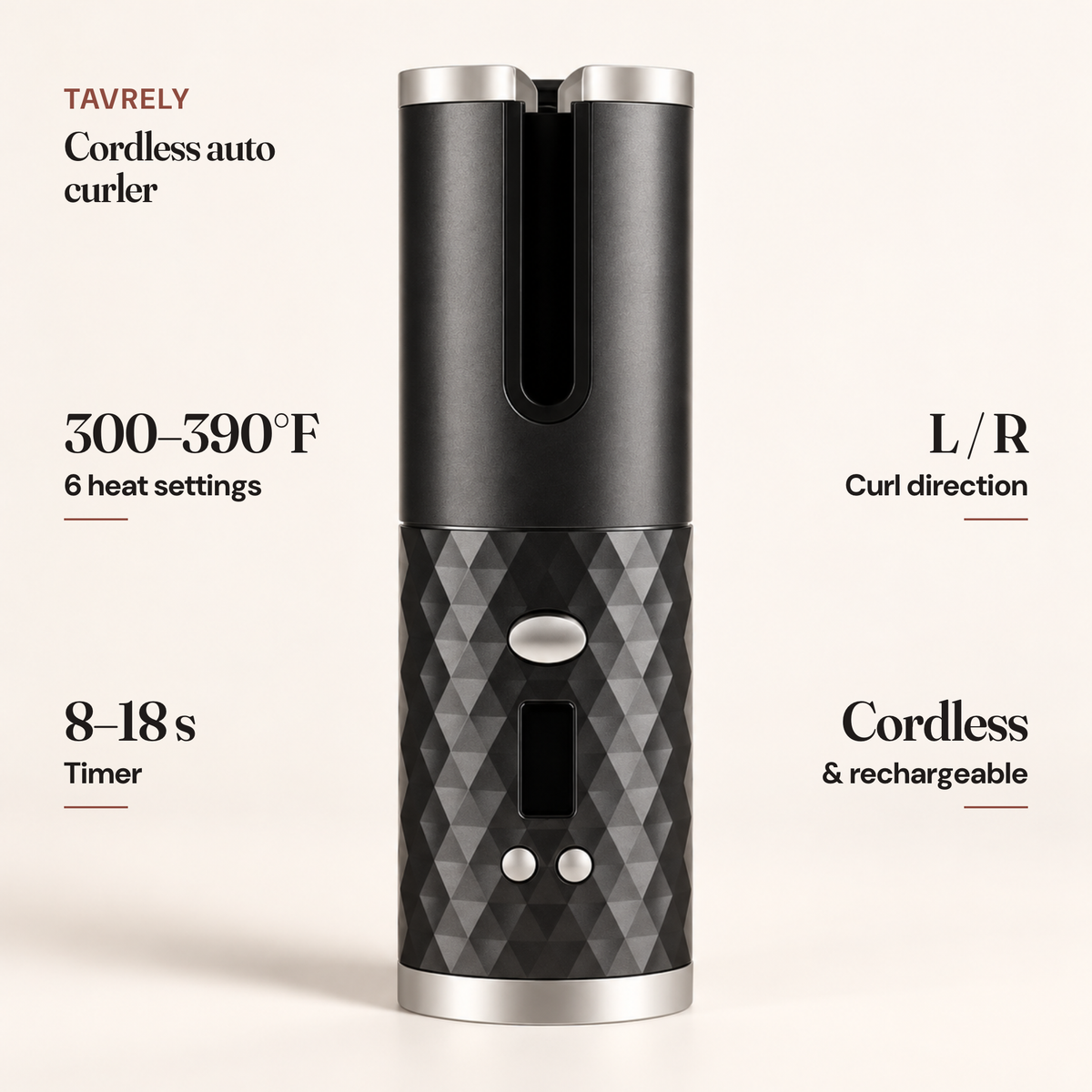 Tavrely curler specs: 6 heat settings 300–390°F, 8–18 s timer, L/R curl direction, cordless and rechargeable